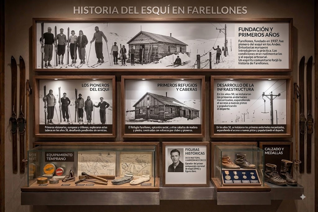 Panel de historia del esquí en Farellones
